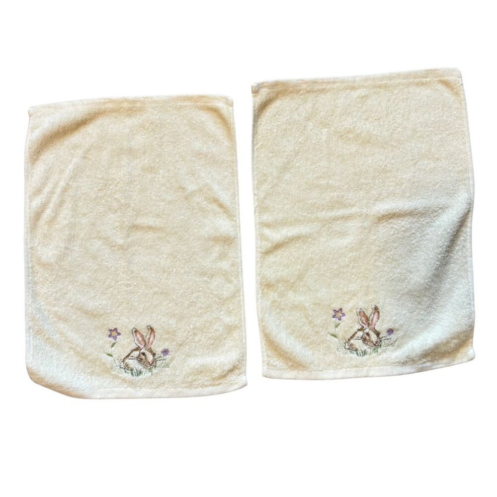 Vintage 2002 CASABA Embroidered Bunny Hand Towels Set Cream Cotton Easter Decor